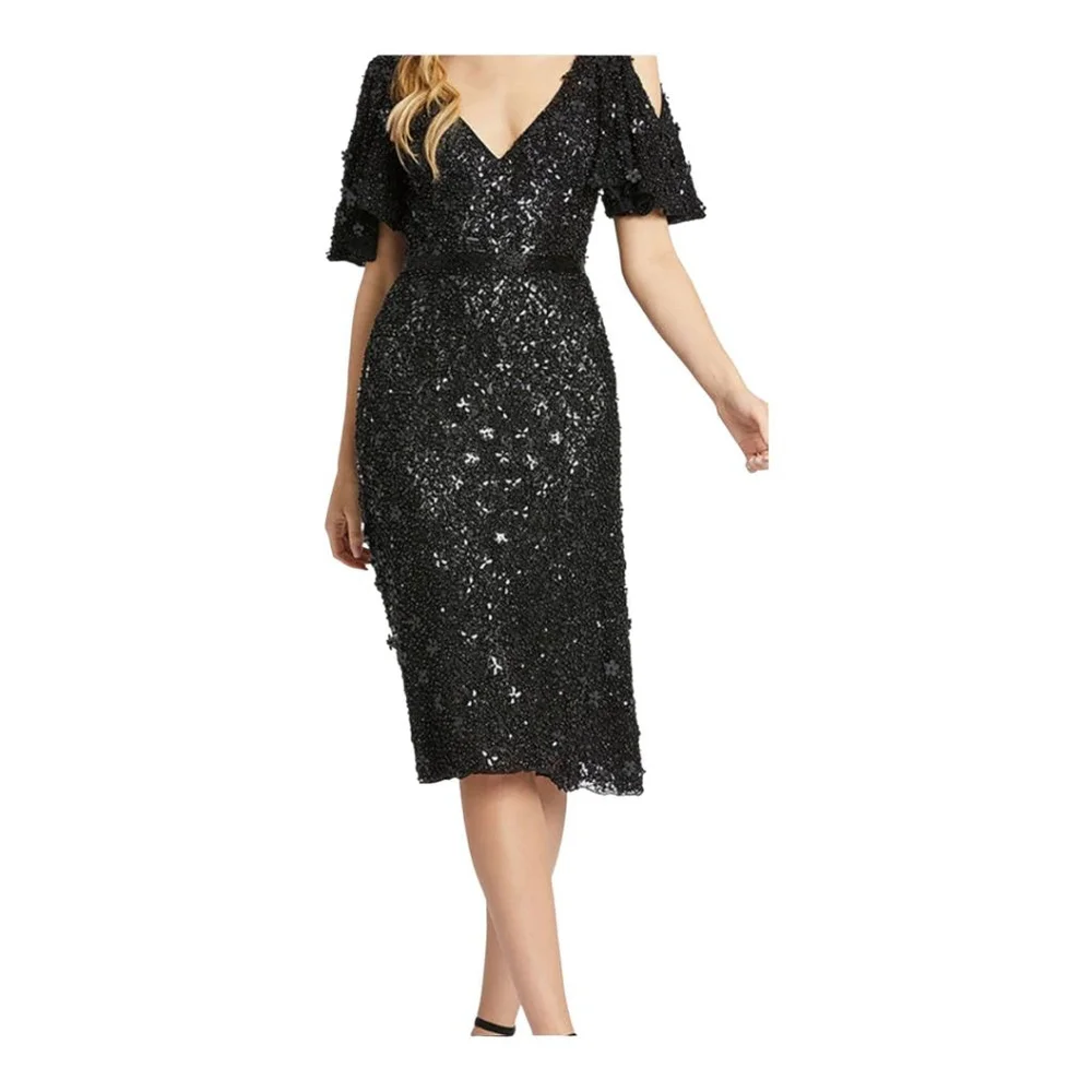 Mac Duggal Black Sequin Cold Shoulder Cocktail Dress Size 12 - Picture 3 of 11